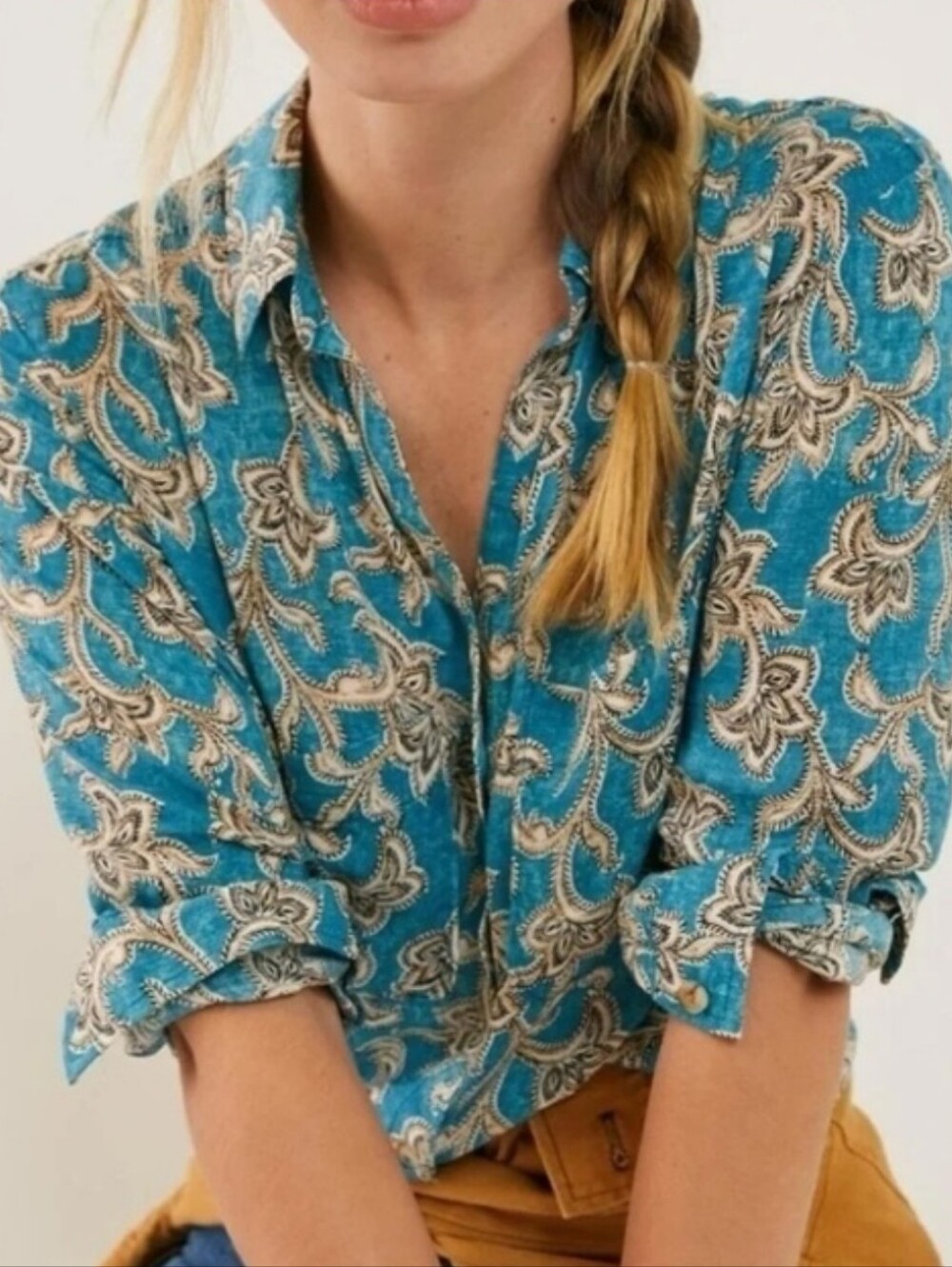Anthropologie Pilcro Womens Turquoise Blue Gold Leilani Paisley Tunic Size Small